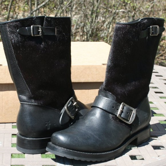 Frye Black Leather Moto Boots with Buckles - Picture 6 of 7